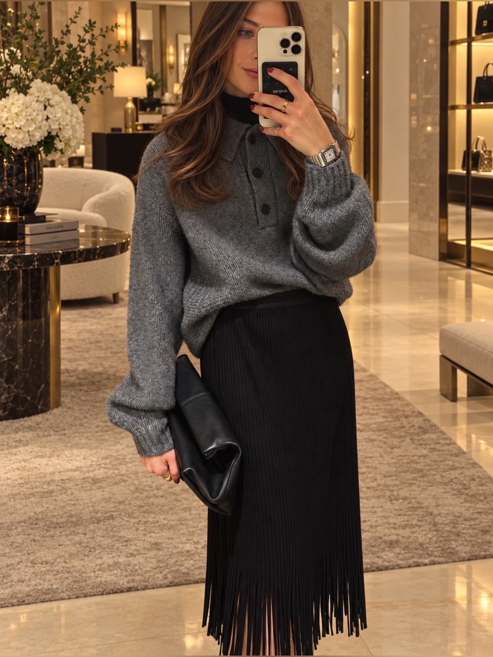 BLACK PLEATED FRINGE SKIRT
